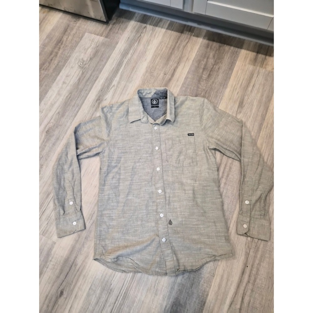 Volcom Flats LS Men Grey Green Cotton Button Down Long Sleeve A05413PR Small